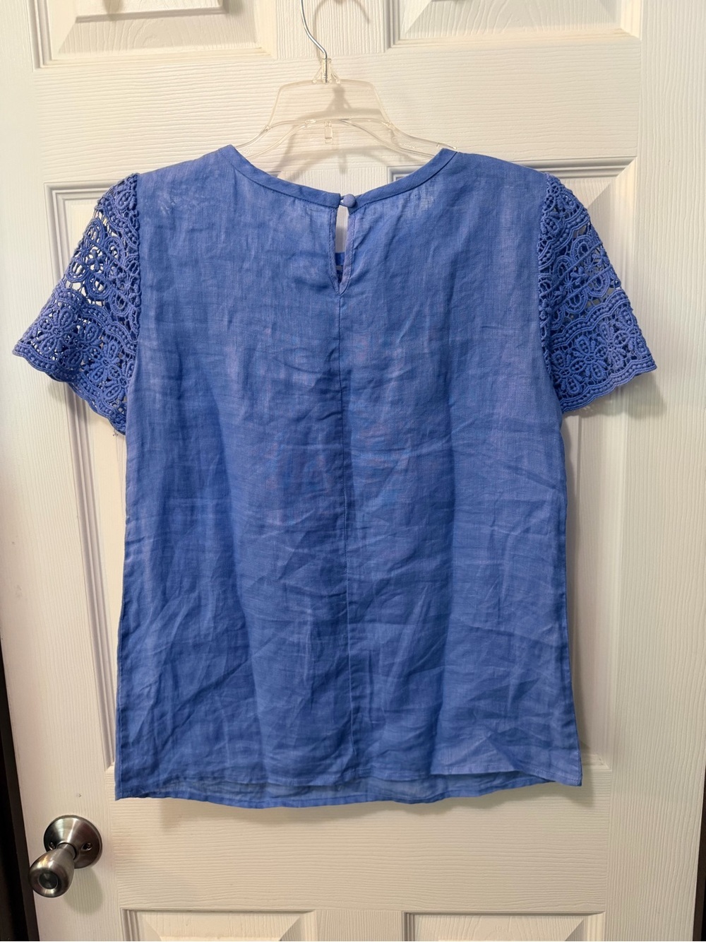 J.Crew Blue 100% Linen Crochet Lace Short Sleeve Blouse Top Size 00 - Picture 5 of 8